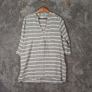 Garnet Hill Linen Tunic Dress Gray N White Raw Hem Womens Small